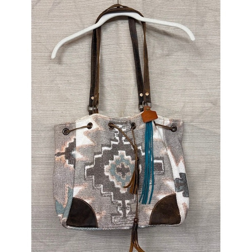 Myra Bag Southwestern Upcycled Wool Leather Tote Bag Grey Turquoise Boho Western